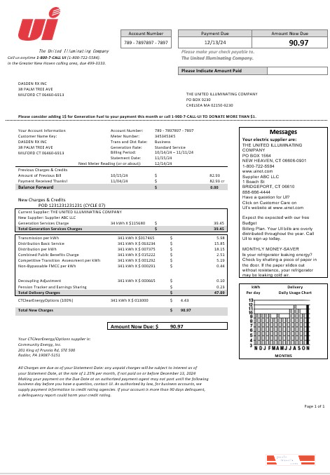 USA Connecticut The United Illuminating Company electricity business utility bill template in Word and PDF formats